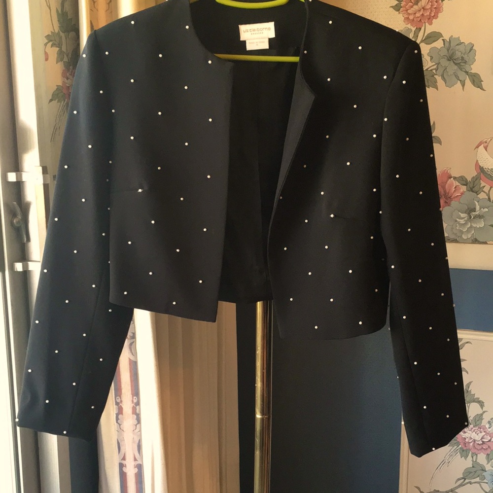 Liz Claiborne Pearl Detail Black Bolero 4 Lined Jacket with Darts